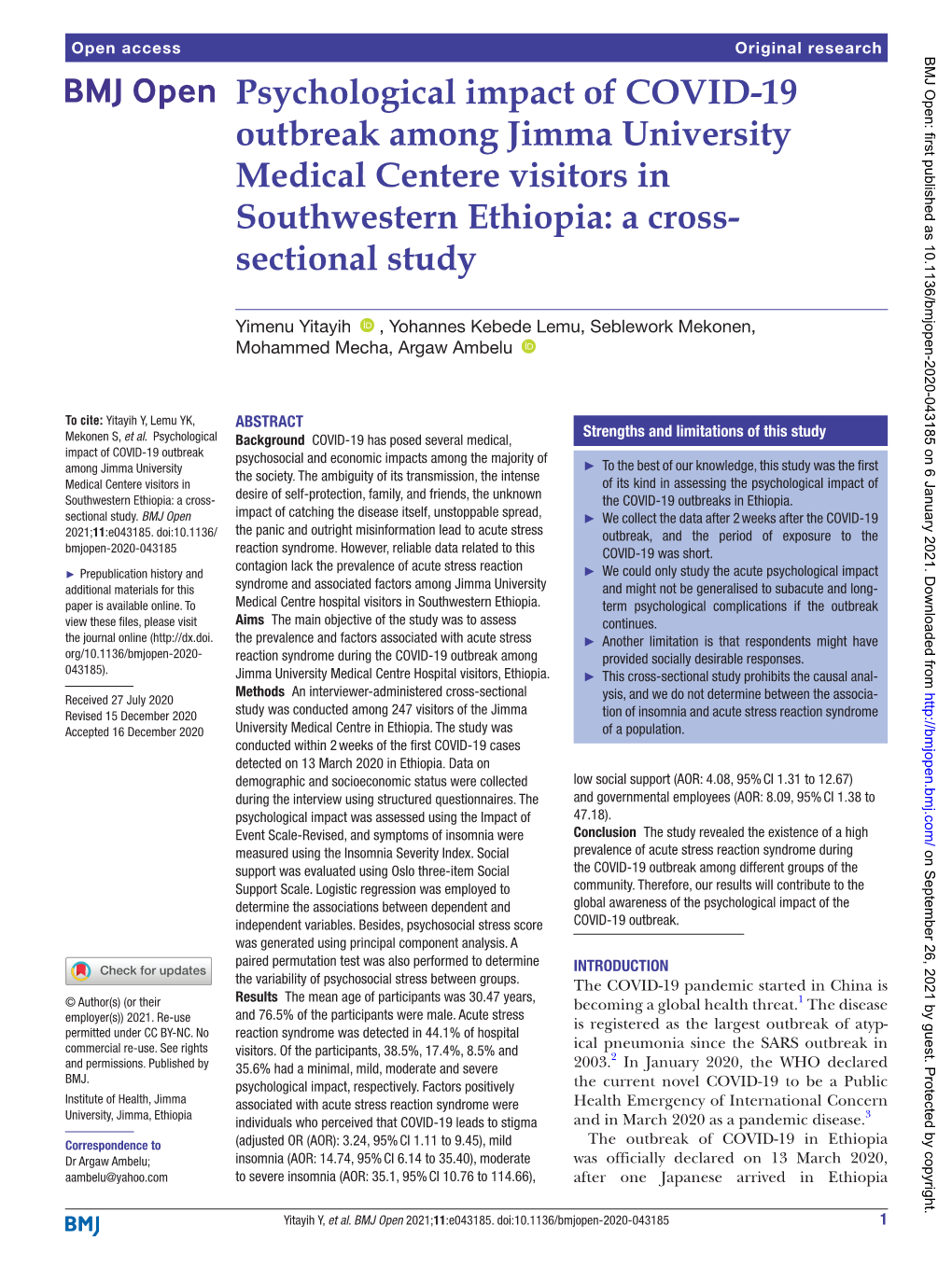 Psychological Impact of COVID-19 Outbreak Among Jimma University Medical Centere Visitors in Southwestern Ethiopia: a Cross-­ Sectional Study