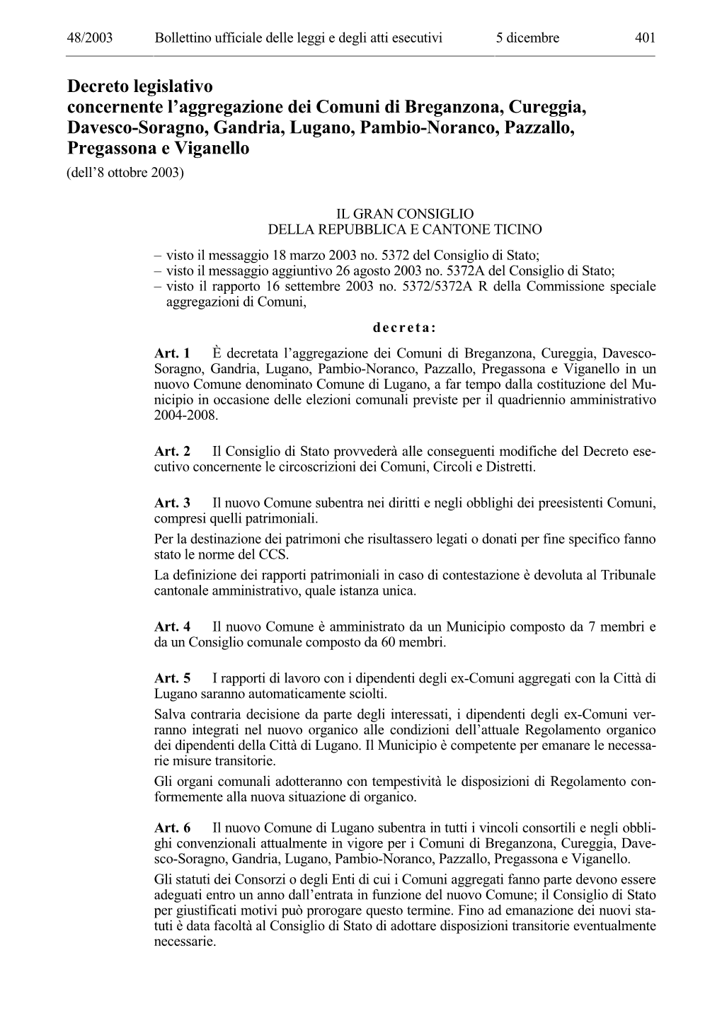 Decreto Legislativo Concernente L'aggregazione Dei Comuni Di