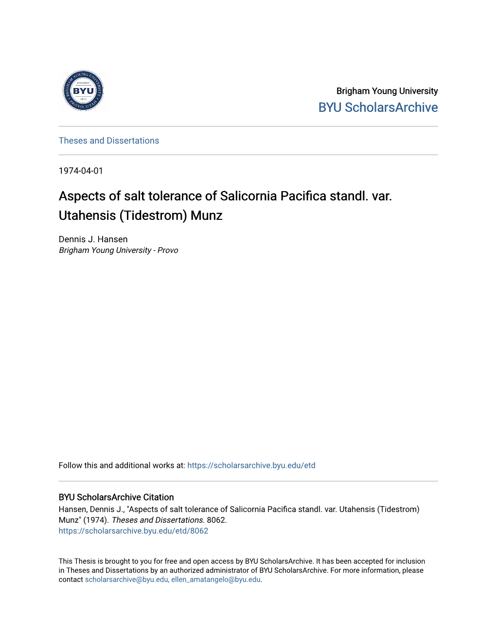 Aspects of Salt Tolerance of Salicornia Pacifica Standl. Var. Utahensis