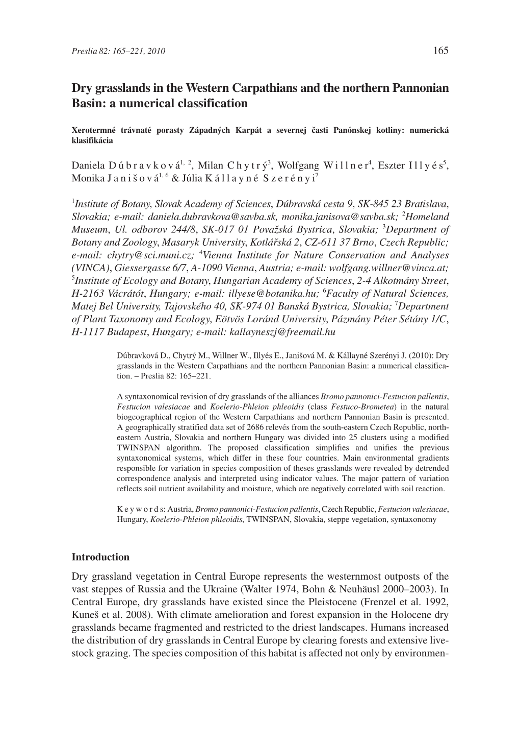 Dry Grasslands in the Western Carpathians and the Northern Pannonian Basin: a Numerical Classification