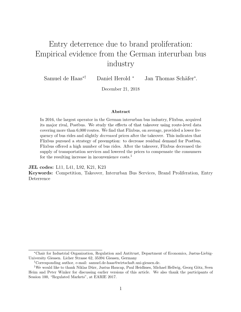 Entry Deterrence Due to Brand Proliferation: Empirical Evidence from the German Interurban Bus Industry