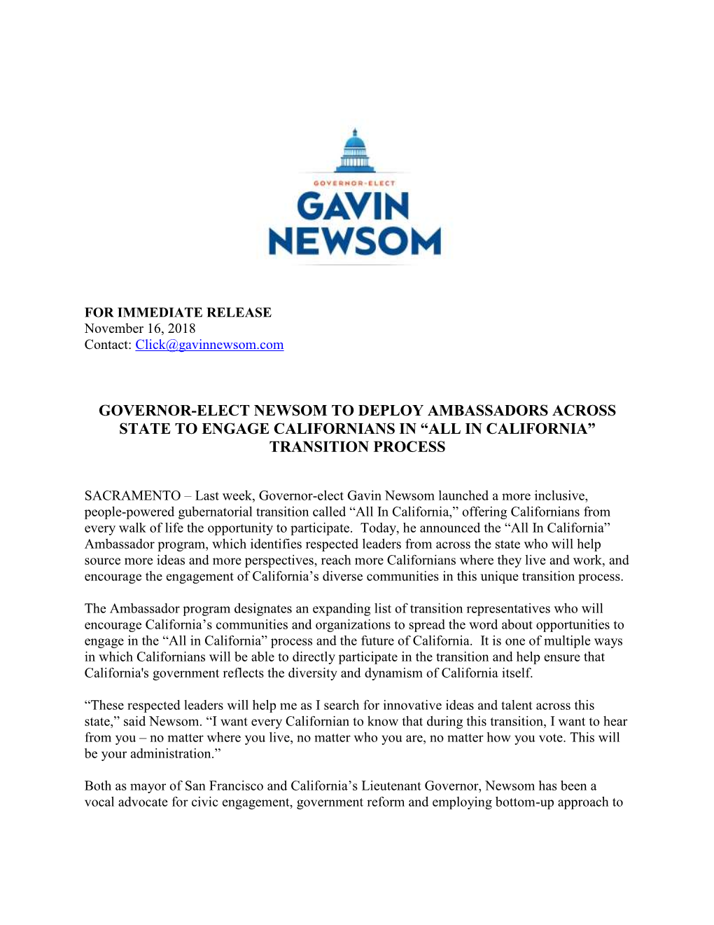 Governor-Elect Newsom to Deploy Ambassadors Across State to Engage Californians in “All in California” Transition Process