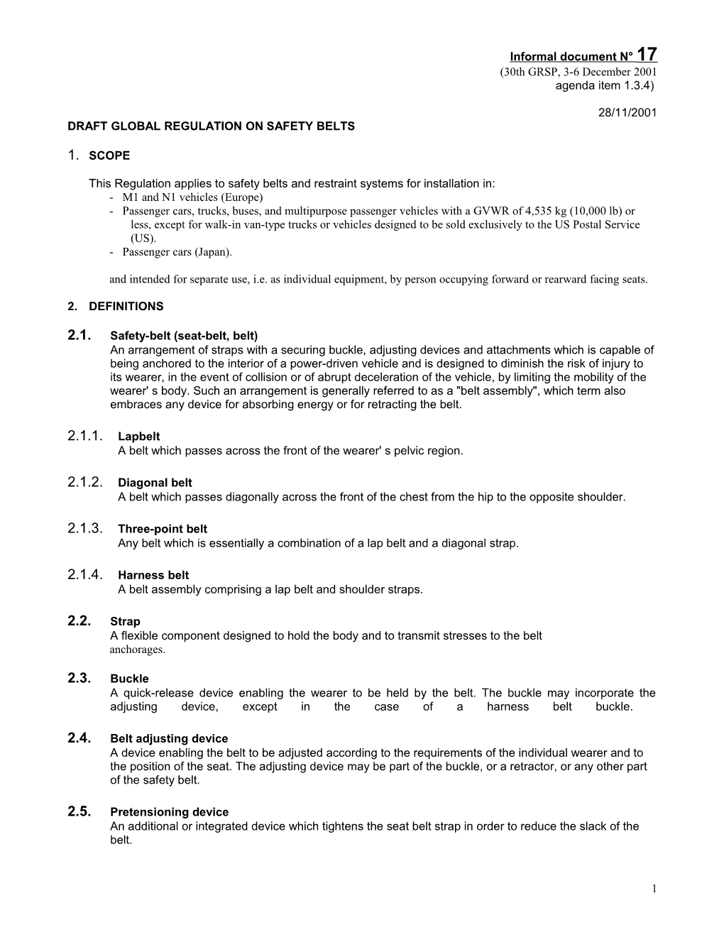 Draft Global Regulation on Safety Belts