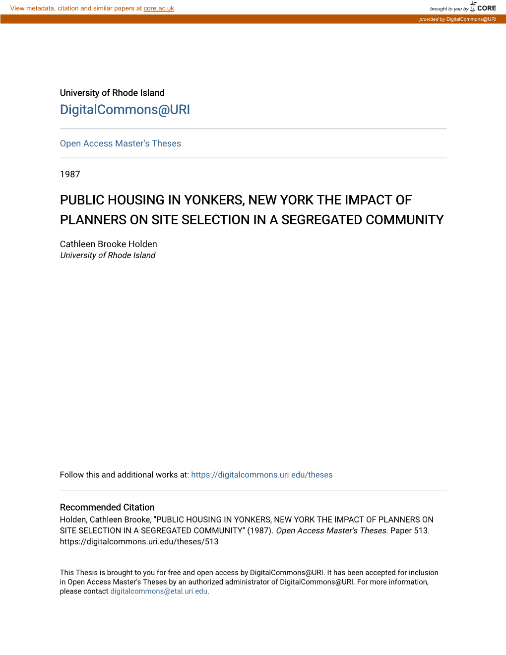 Public Housing in Yonkers, New York the Impact of Planners on Site Selection in a Segregated Community