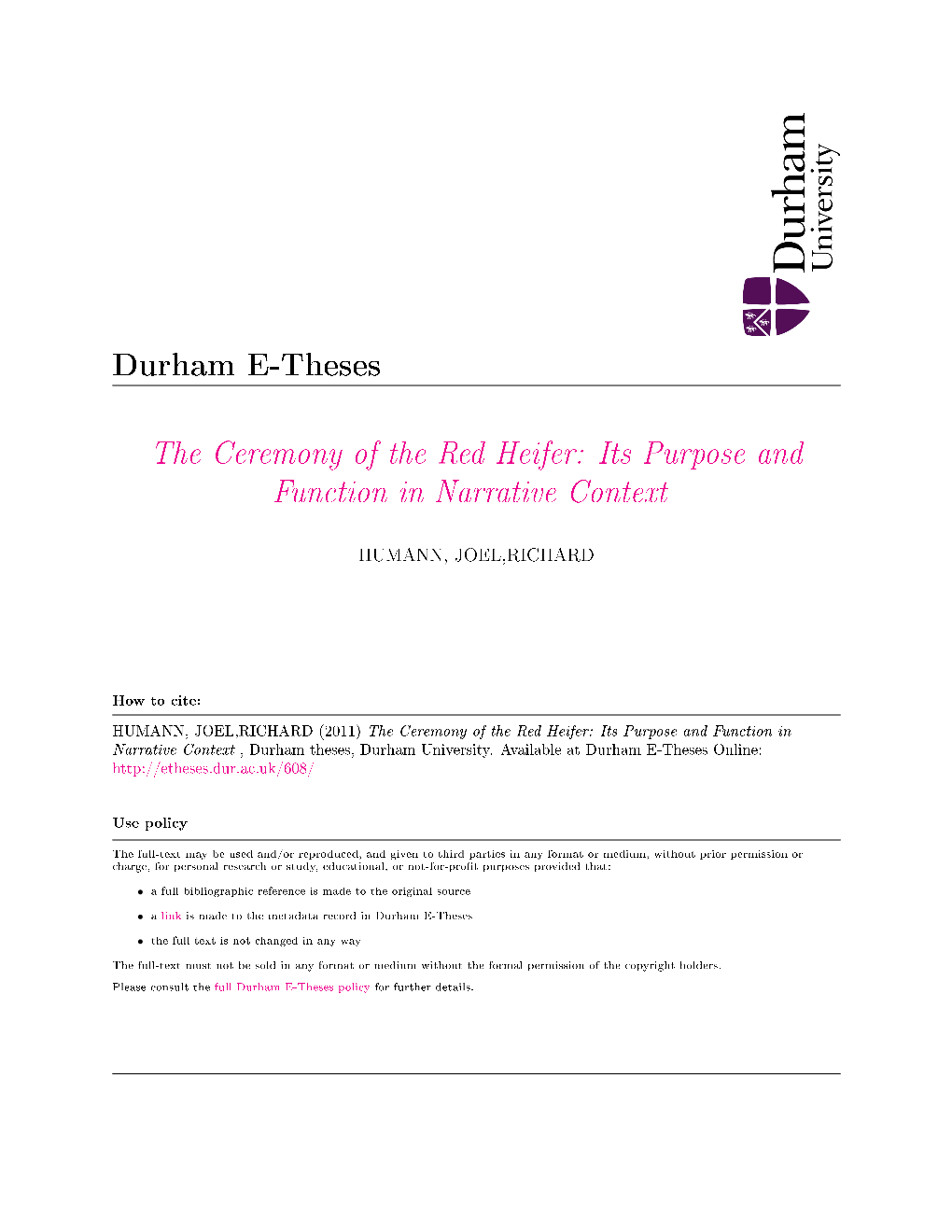 The Ceremony of the Red Heifer: Its Purpose and Function in Narrative Context