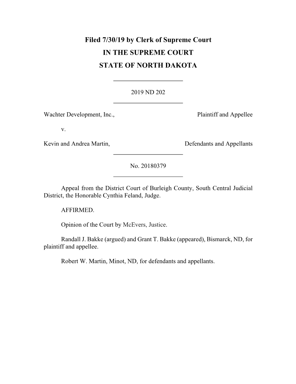 Wachter Development, Inc. V. Martin, Et