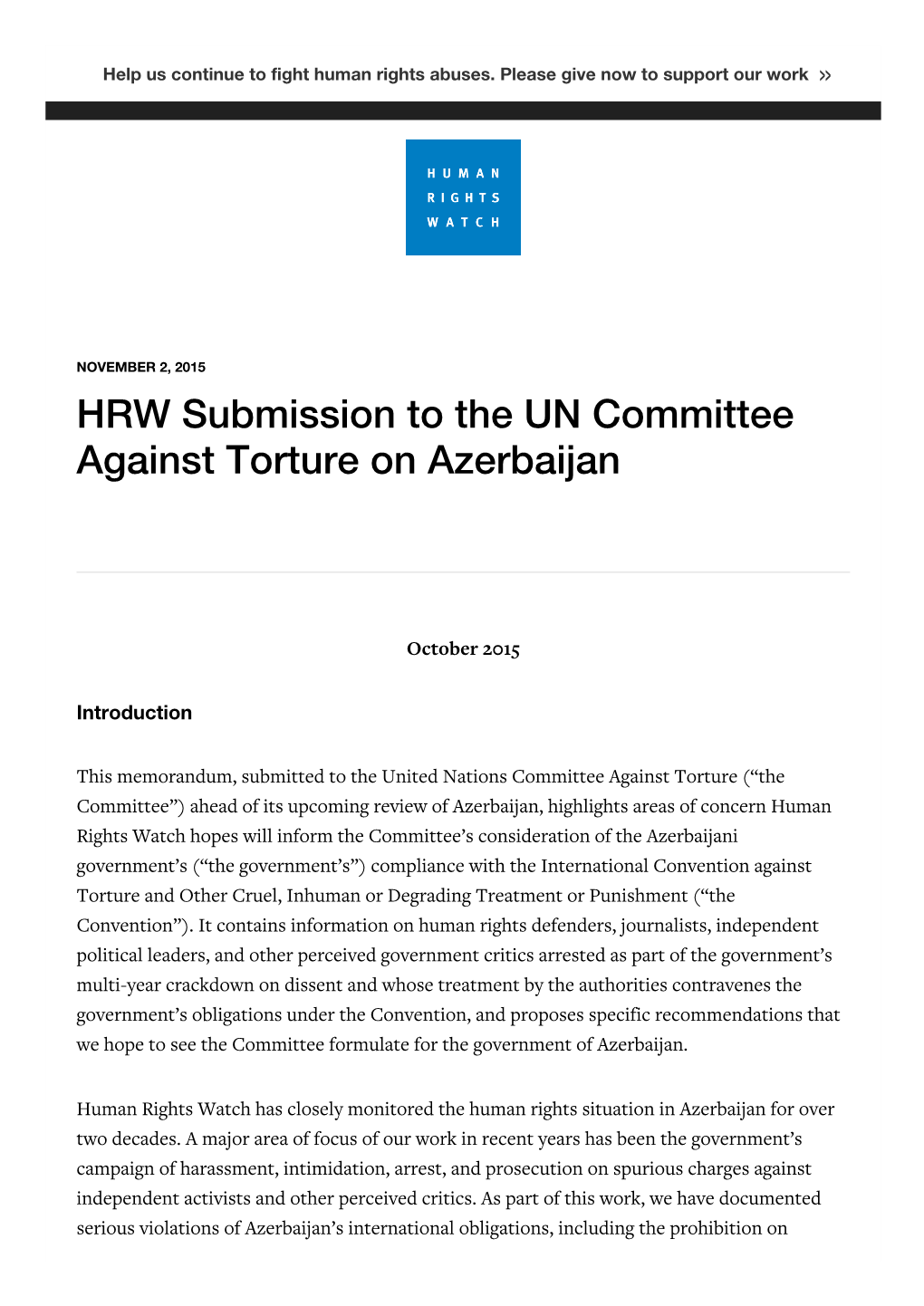 HRW Submission to the UN Committee Against Torture on Azerbaijan