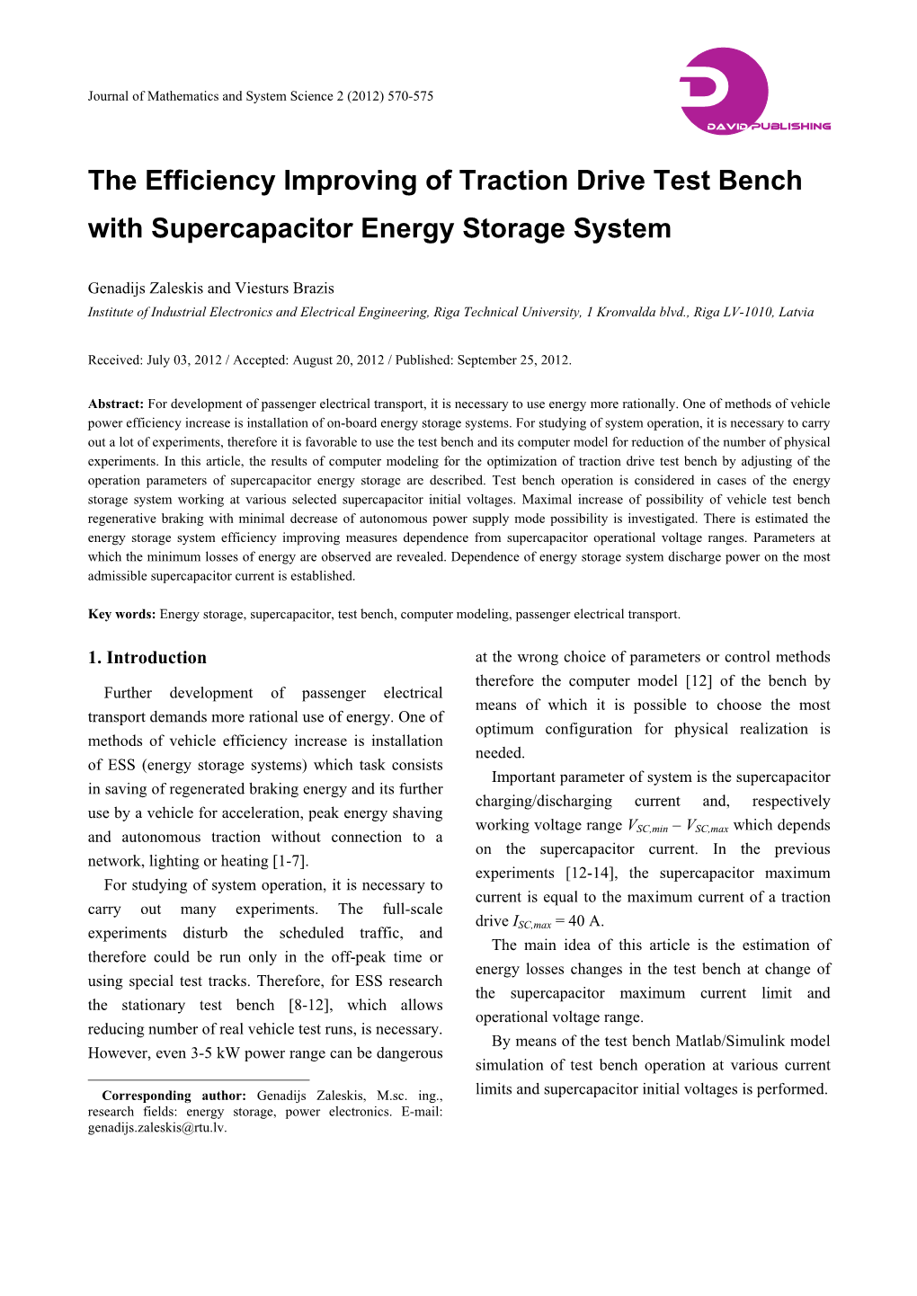 The Efficiency Improving of Traction Drive Test Bench with Supercapacitor Energy Storage System