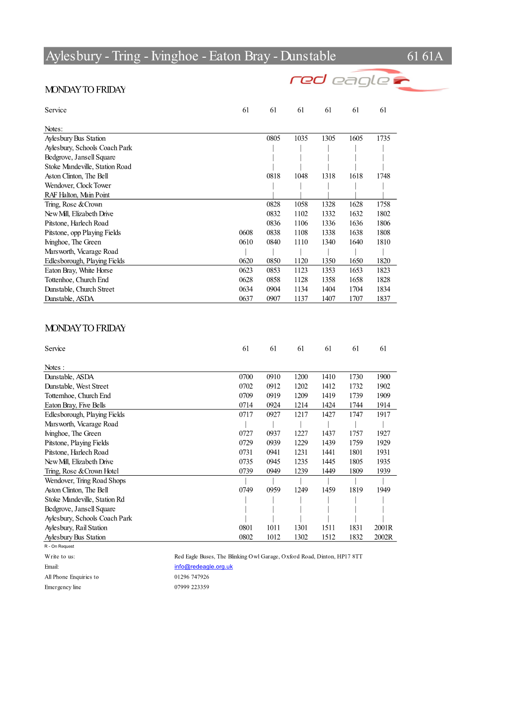 Aylesbury - Tring - Ivinghoe - Eaton Bray - Dunstable 61 61A