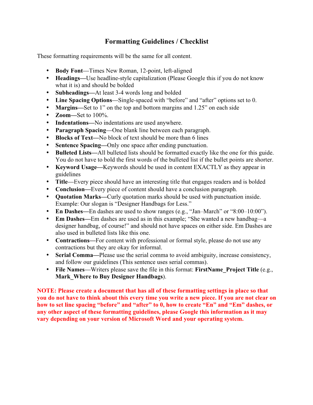 Formatting Guidelines / Checklist