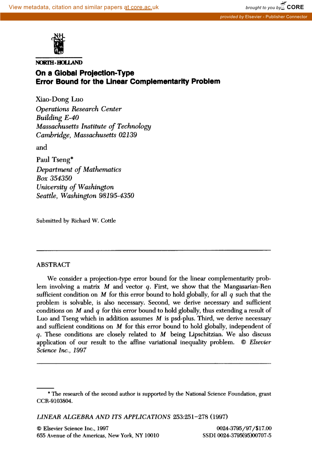 On a Global Projection-Type Error Bound for the Linear Complementarity Problem