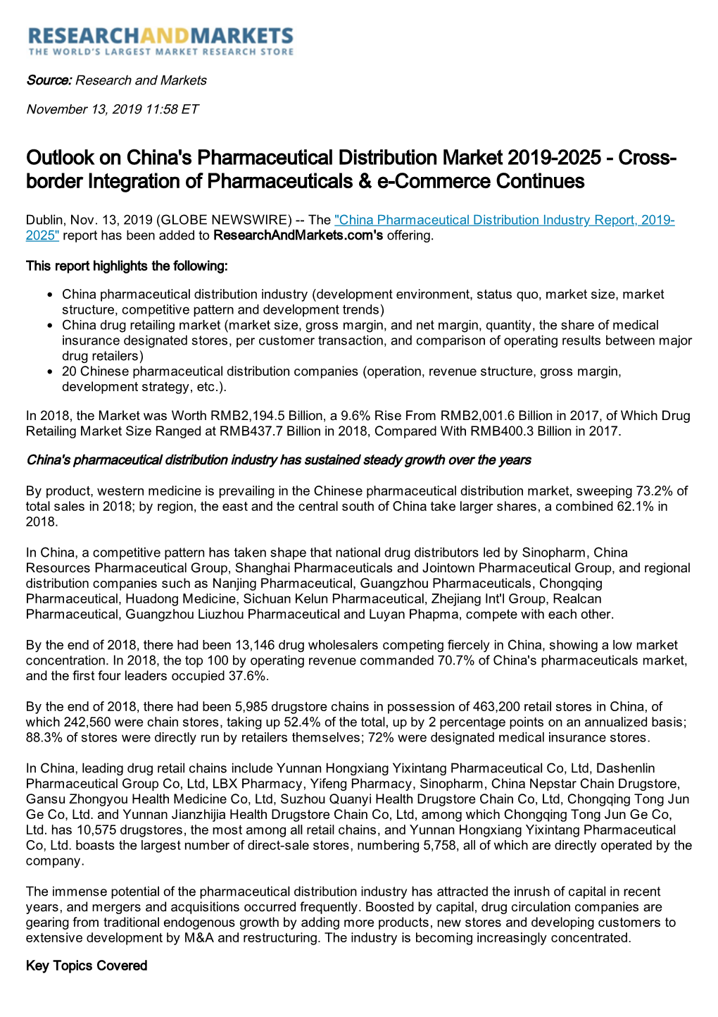 Outlook on China's Pharmaceutical Distribution Market 2019-2025 - Cross- Border Integration of Pharmaceuticals & E-Commerce Continues
