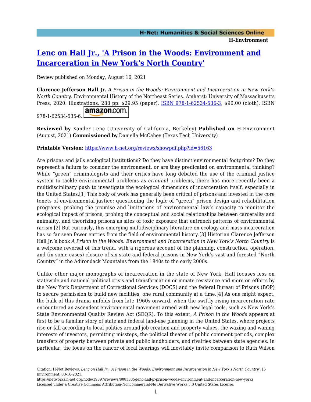 Lenc on Hall Jr., 'A Prison in the Woods: Environment and Incarceration in New York's North Country'