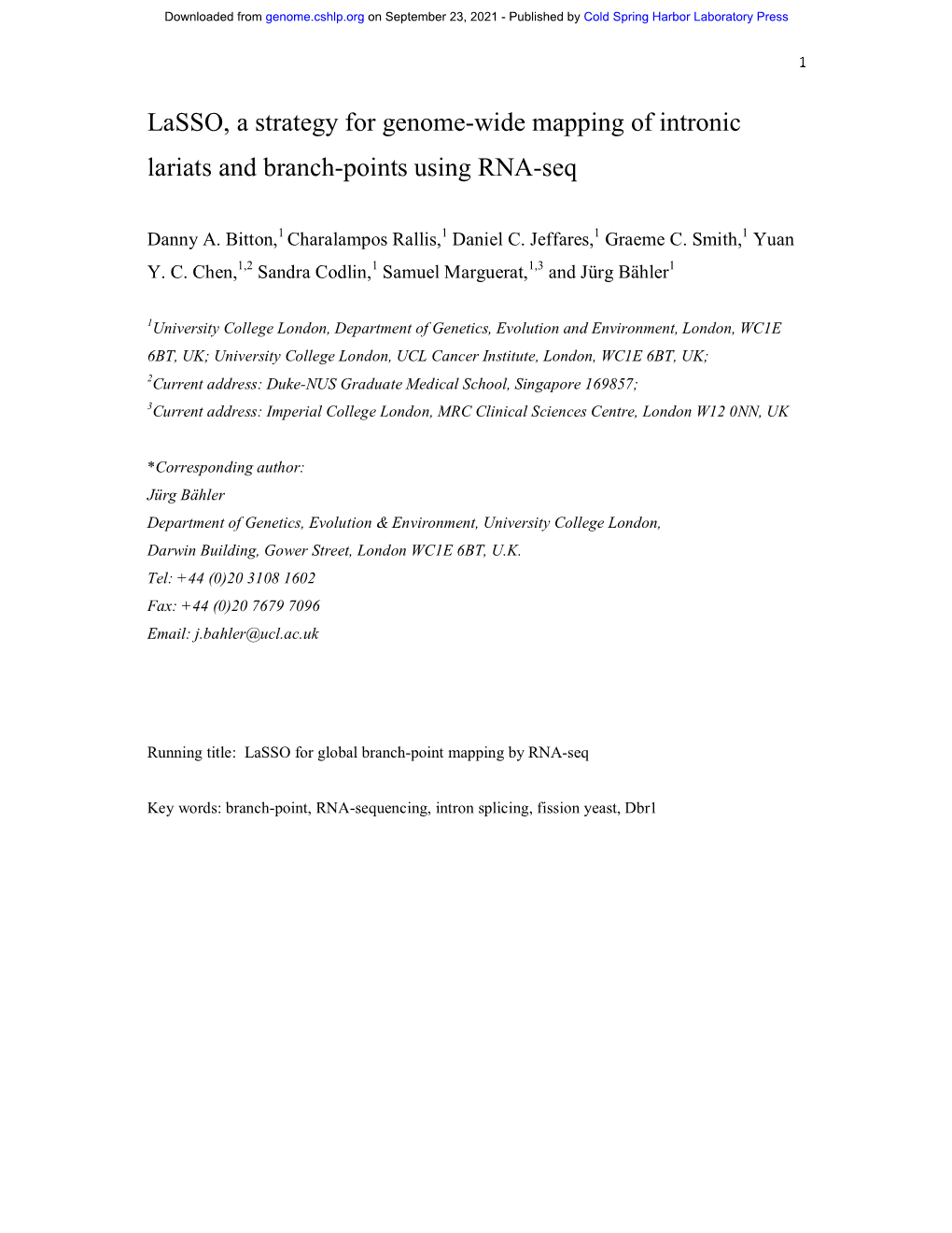 Lasso, a Strategy for Genome-Wide Mapping of Intronic Lariats and Branch-Points Using RNA-Seq