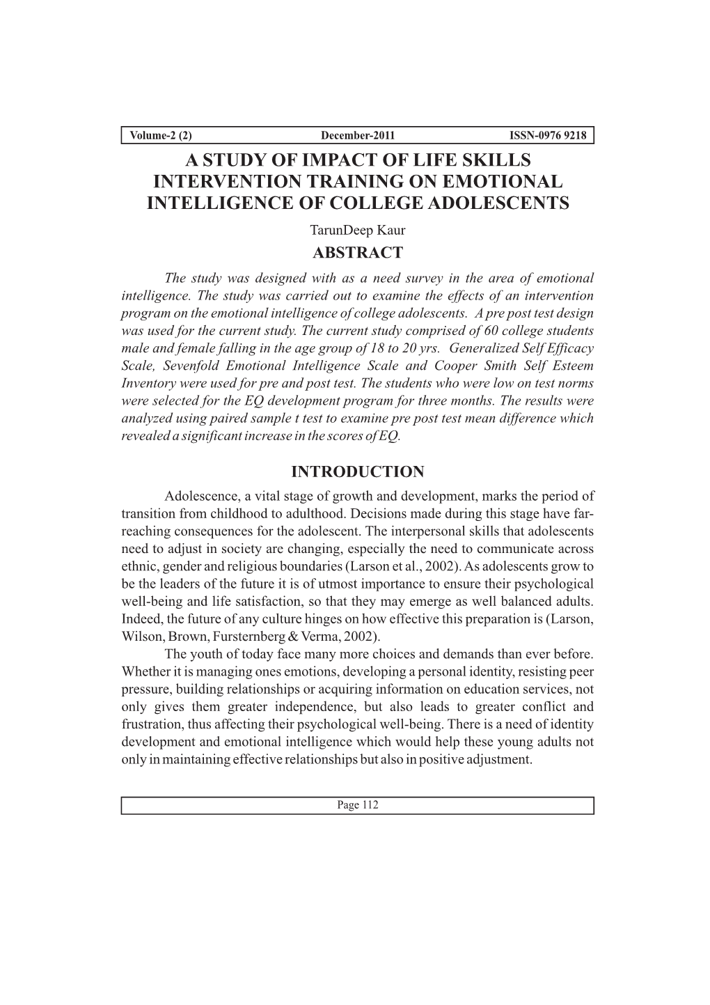 A Study of Impact of Life Skills Intervention Training on Emotional