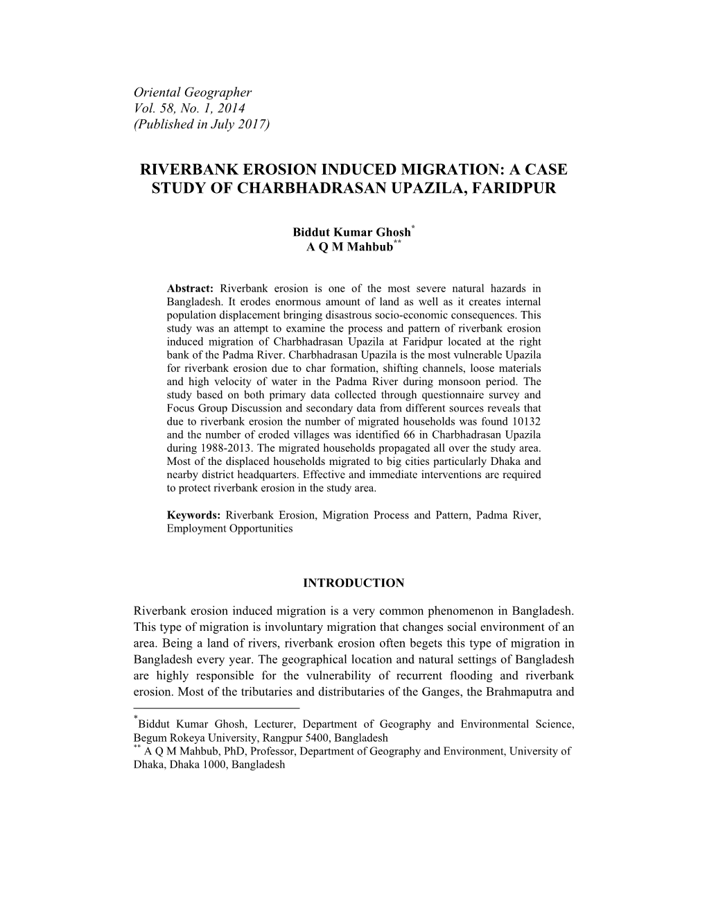 Riverbank Erosion Induced Migration: a Case Study of Charbhadrasan Upazila, Faridpur