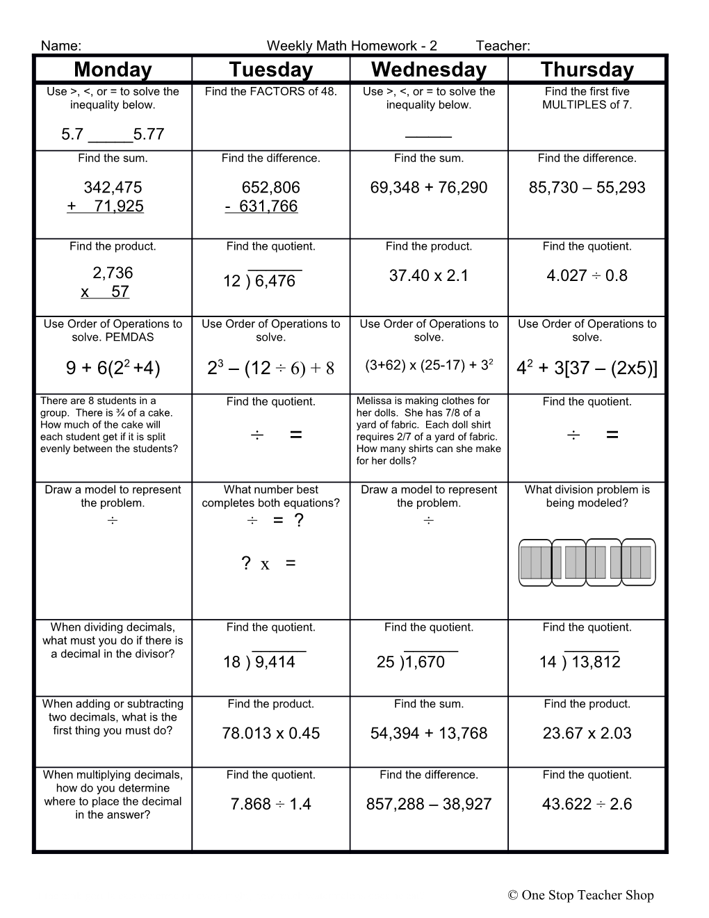 Weekly Homework Sheet s2