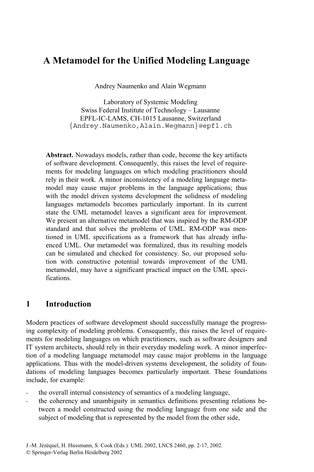 A Metamodel for the Unified Modeling Language