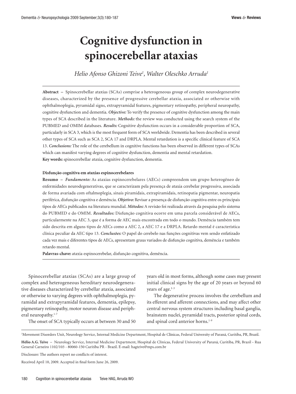 Cognitive Dysfunction in Spinocerebellar Ataxias