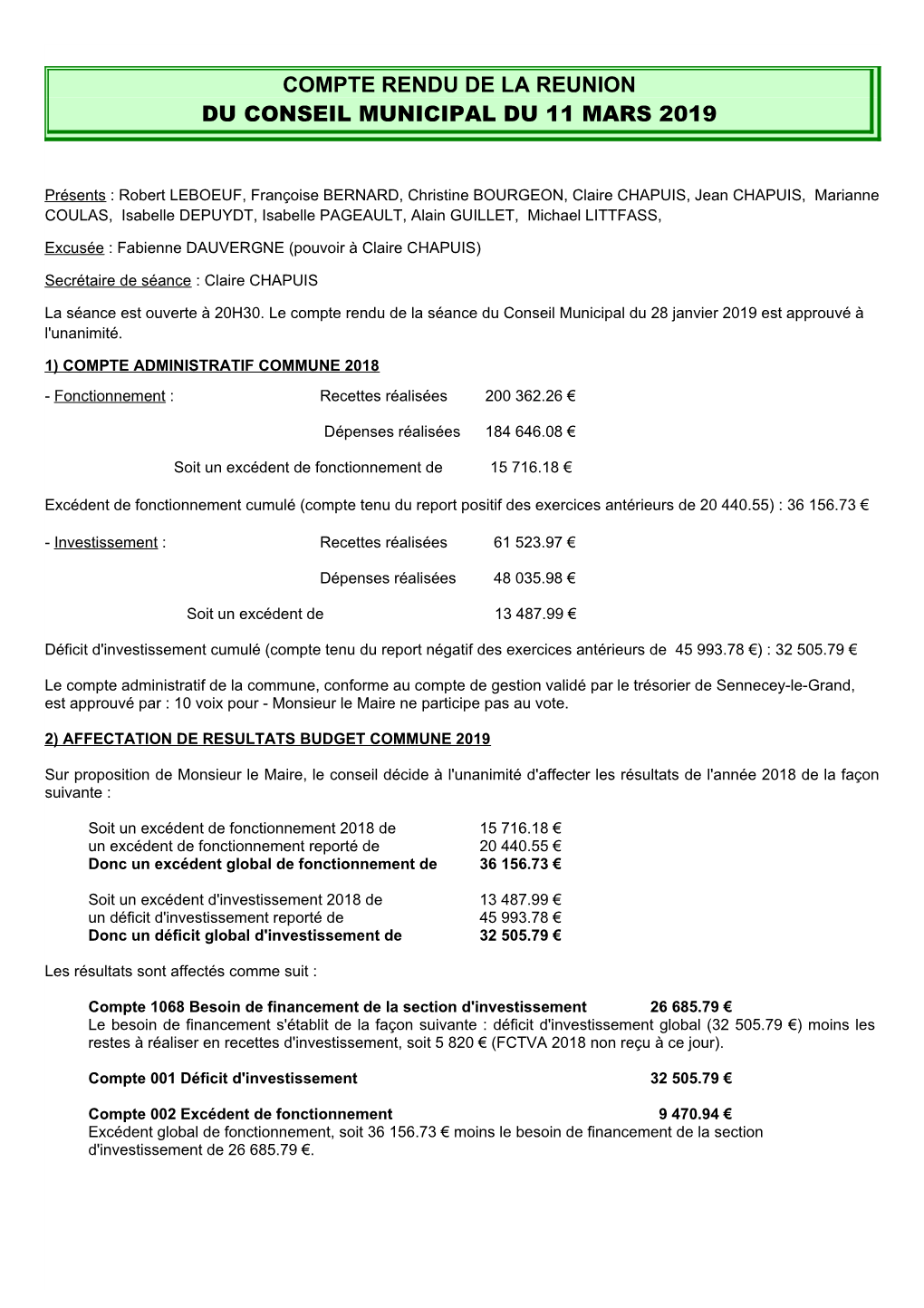 Compte Rendu Du Conseil Municipal Du 11 Mars