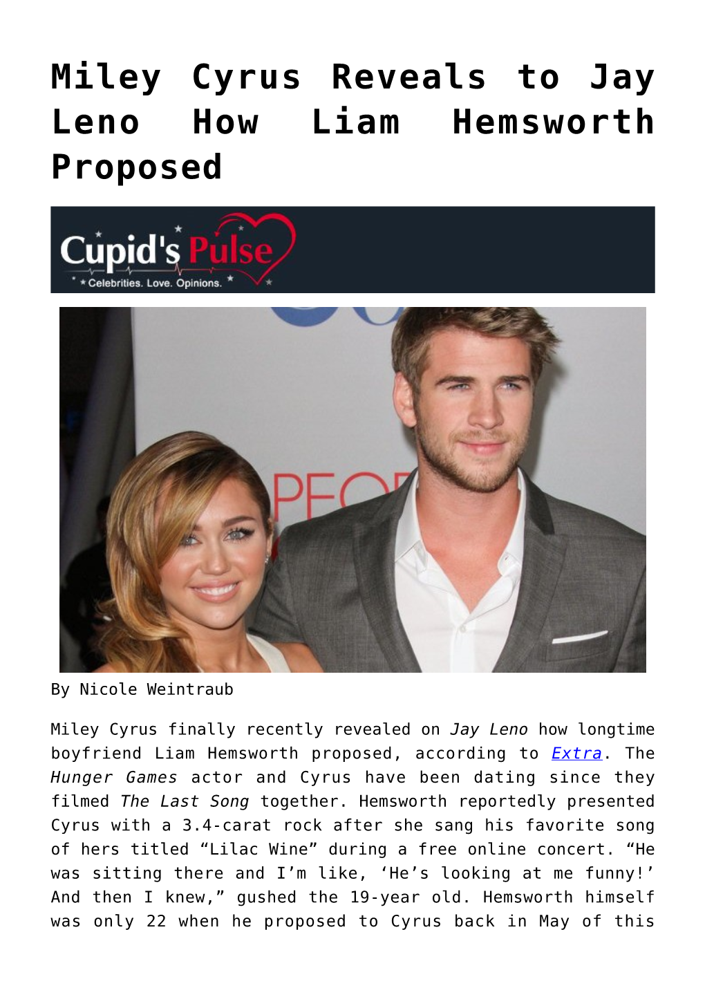 Miley Cyrus Reveals to Jay Leno How Liam Hemsworth Proposed