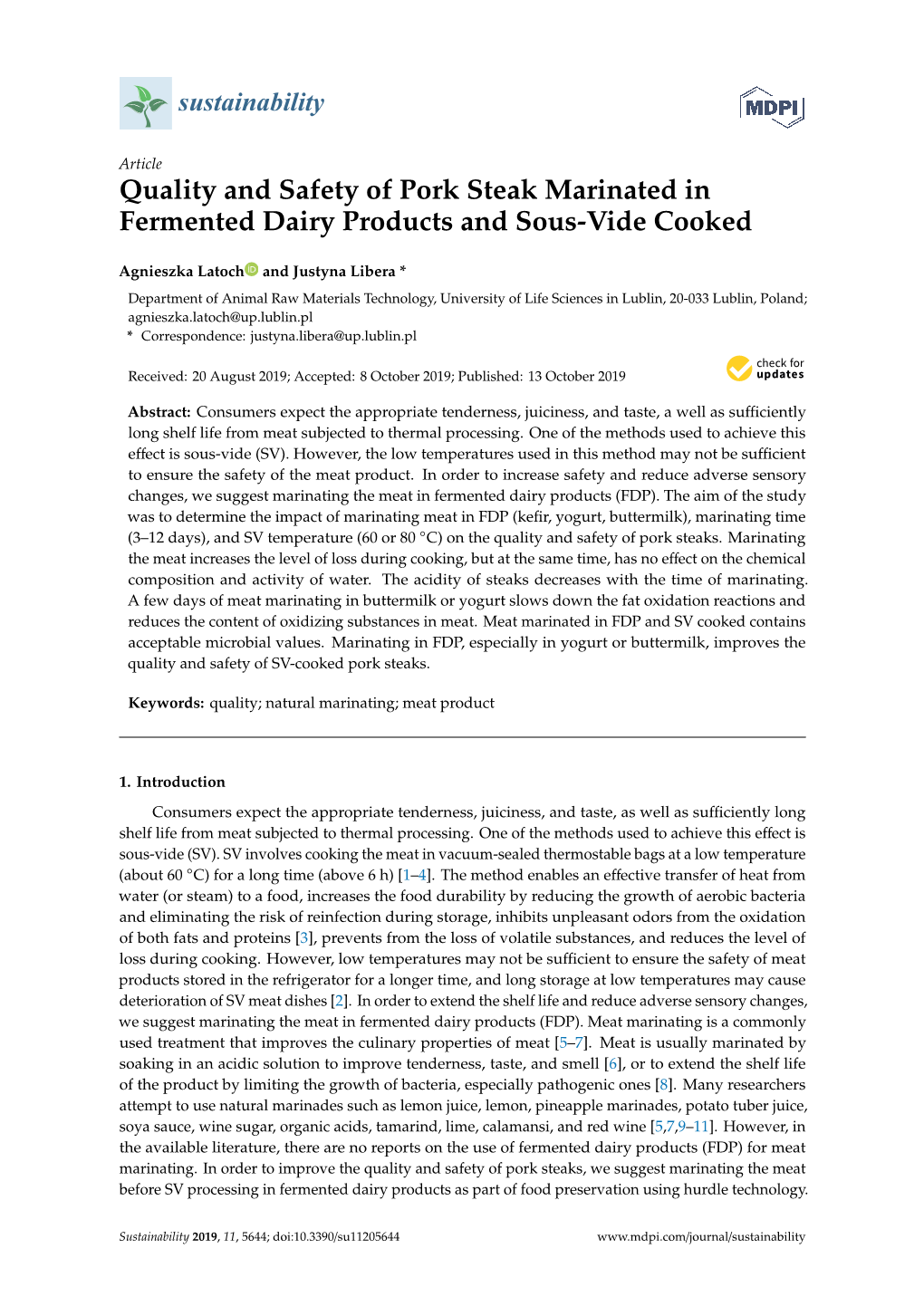 Quality and Safety of Pork Steak Marinated in Fermented Dairy Products and Sous-Vide Cooked