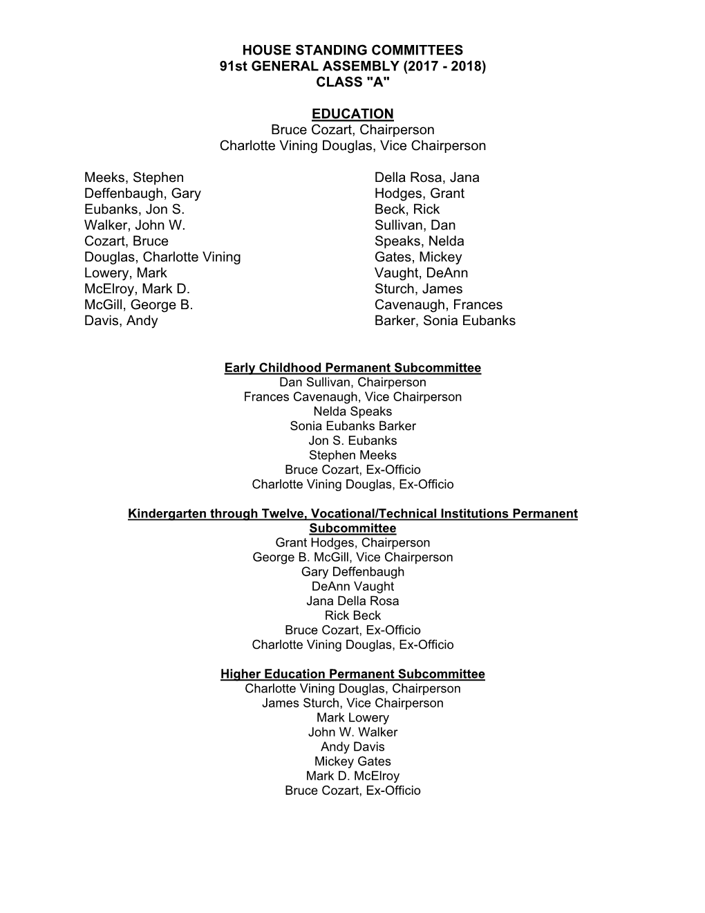 HOUSE STANDING COMMITTEES 91St GENERAL ASSEMBLY (2017 - 2018) CLASS 