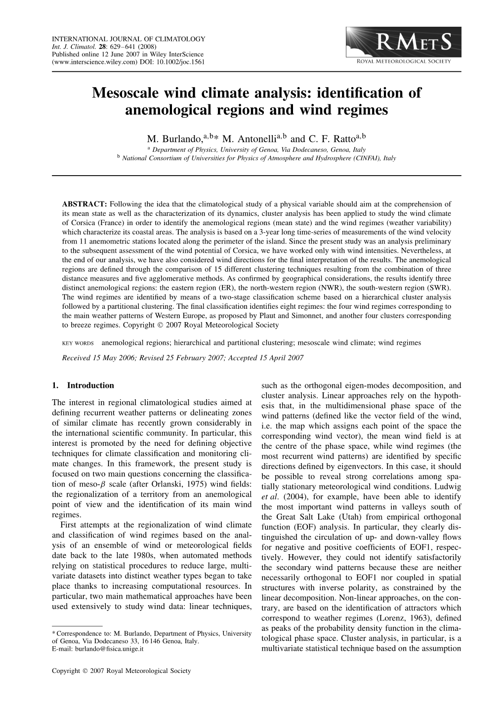 Mesoscale Wind Climate Analysis: Identification of Anemological Regions and Wind Regimes