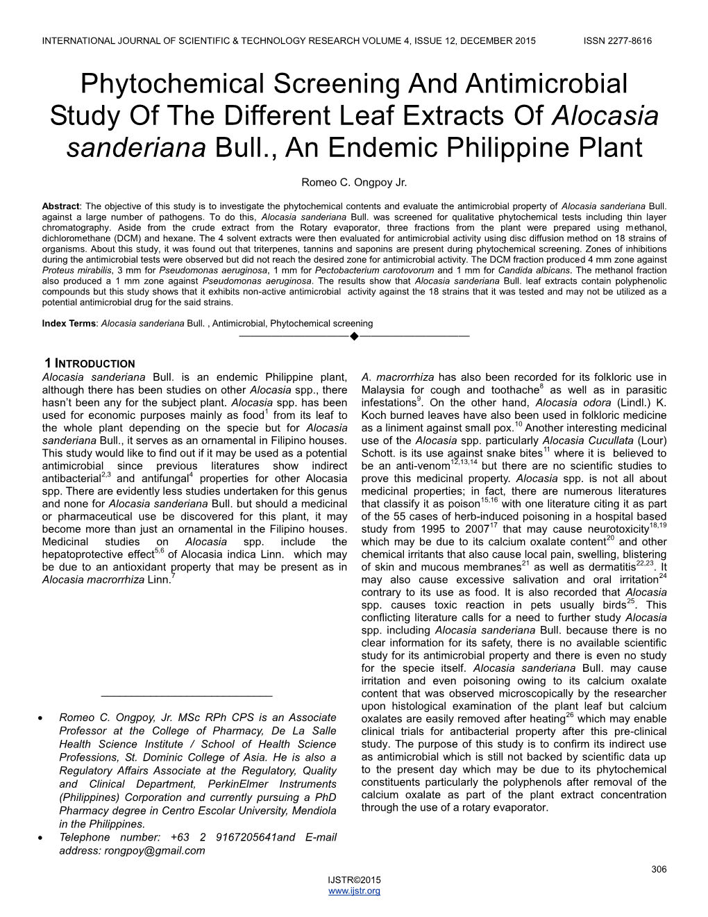 Phytochemical Screening and Antimicrobial Study of the Different Leaf Extracts of Alocasia Sanderiana Bull., an Endemic Philippine Plant