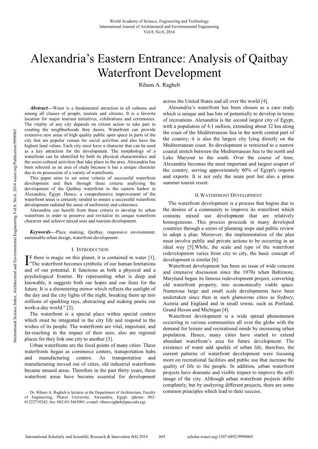 Analysis of Qaitbay Waterfront Development Riham A