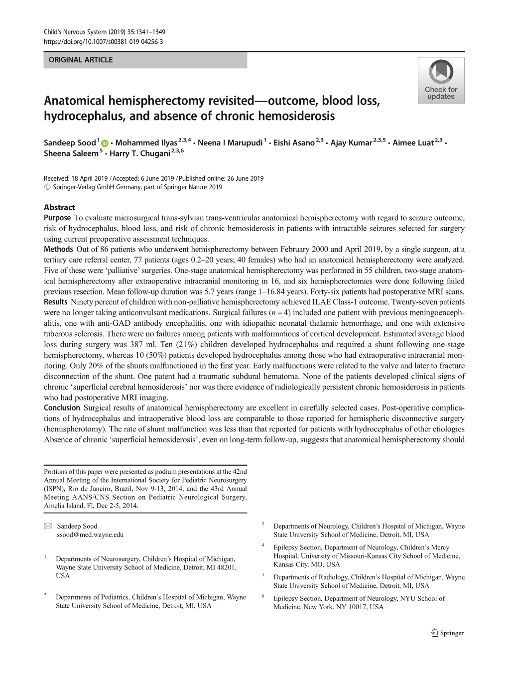 Anatomical Hemispherectomy Revisited—Outcome, Blood Loss, Hydrocephalus, and Absence of Chronic Hemosiderosis