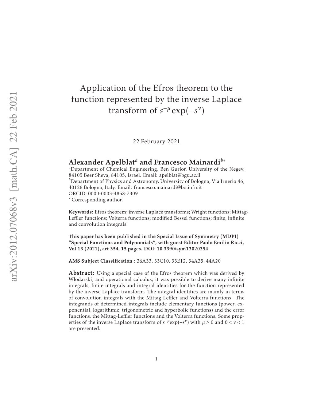 Arxiv:2012.07068V3 [Math.CA] 22 Feb 2021 Lxne Apelblat Alexander 40 Ersea 40,Ire.Eal Apelblat@Bgu.Ac.I Email: Israel