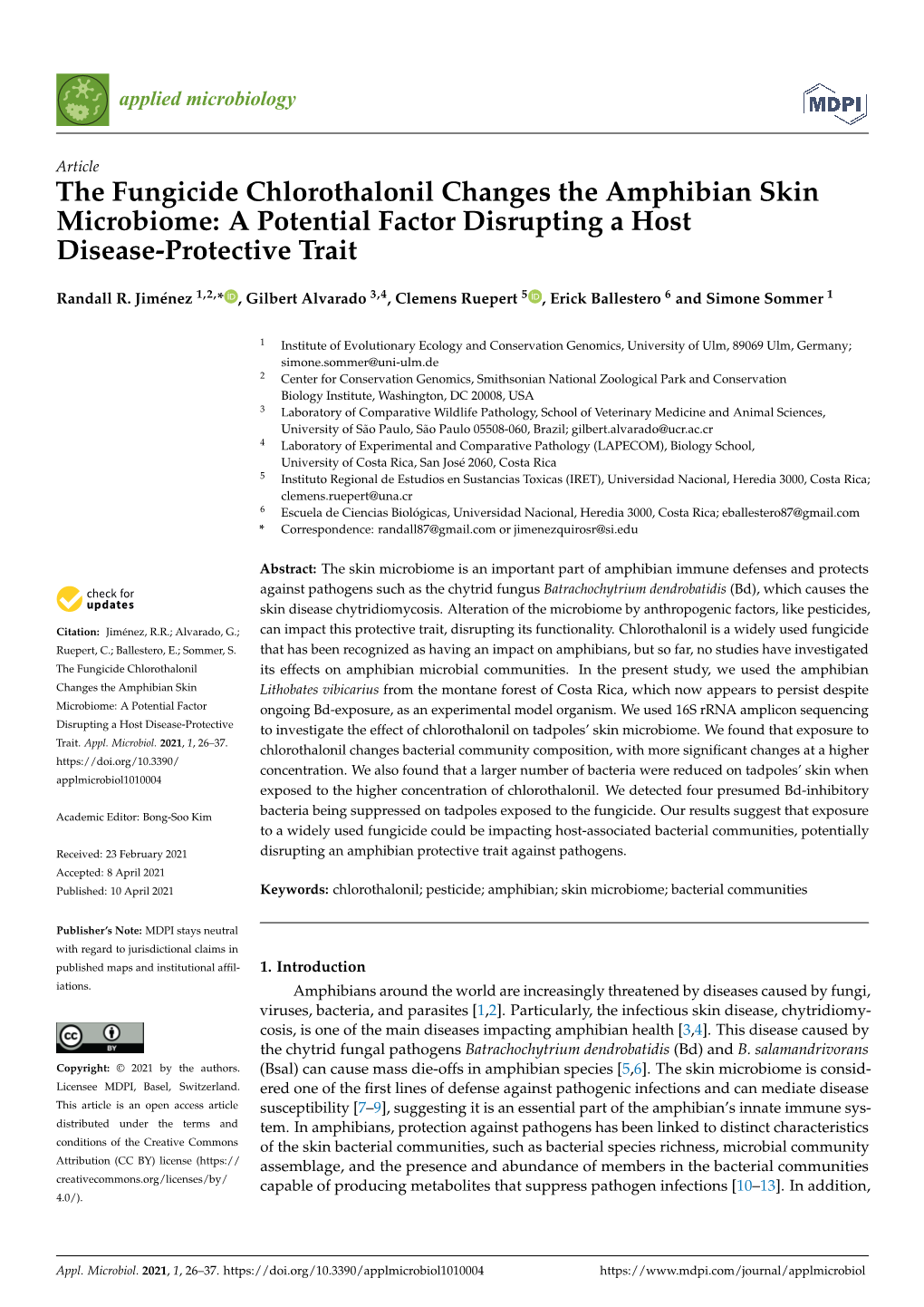 The Fungicide Chlorothalonil Changes the Amphibian Skin Microbiome: a Potential Factor Disrupting a Host Disease-Protective Trait