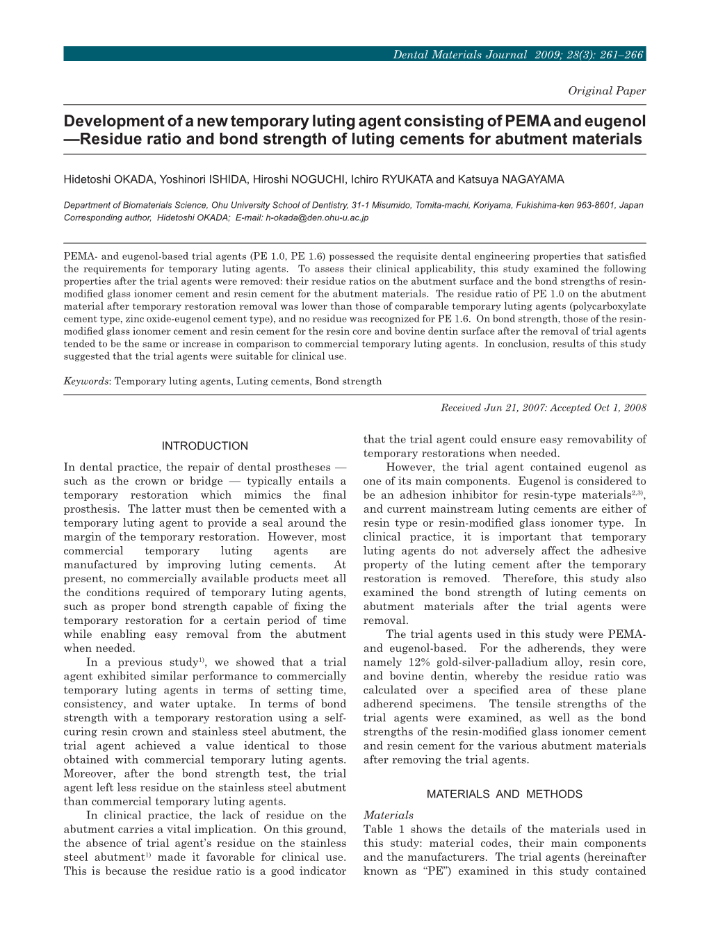 Residue Ratio and Bond Strength of Luting Cements for Abutment Materials