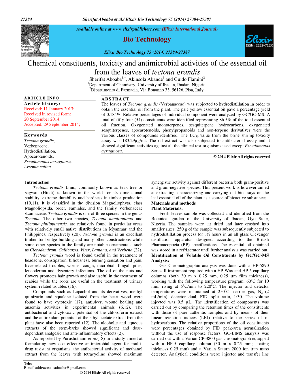 Chemical Constituents, Toxicity and Antimicrobial Activities of the Essential Oil from the Leaves of Tectona Grandis