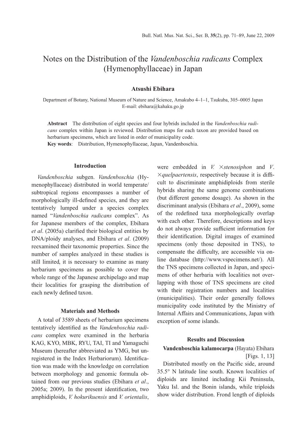 Notes on the Distribution of the Vandenboschia Radicans Complex (Hymenophyllaceae) in Japan