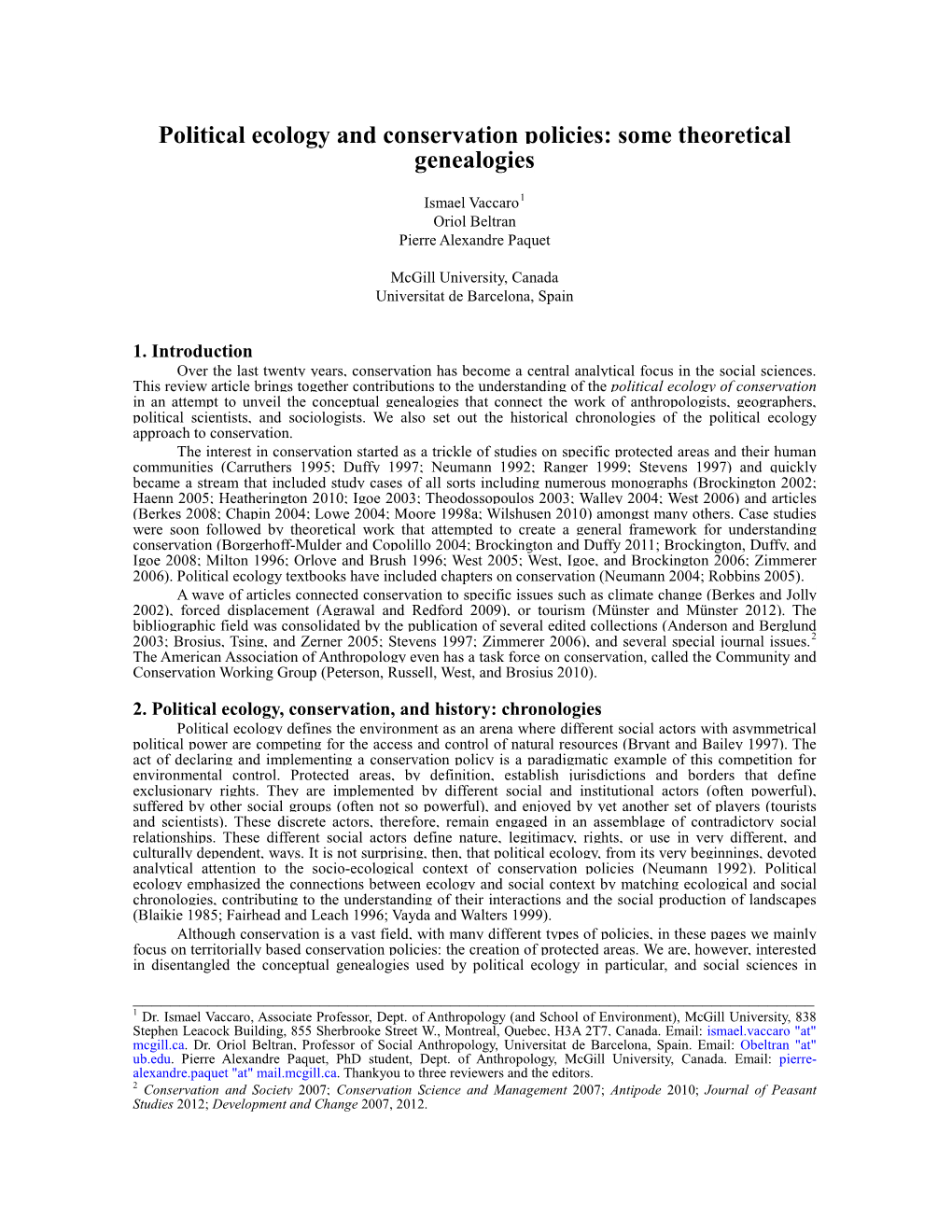 Political Ecology and Conservation Policies: Some Theoretical Genealogies