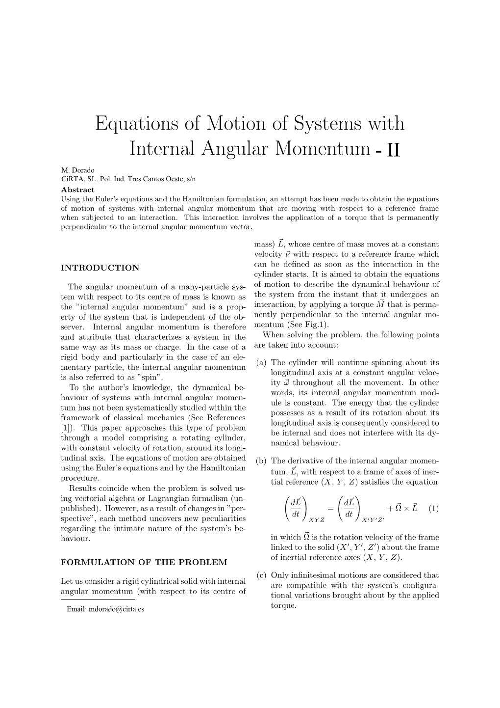 Equation of Motion of System with Internal Angular Momentum