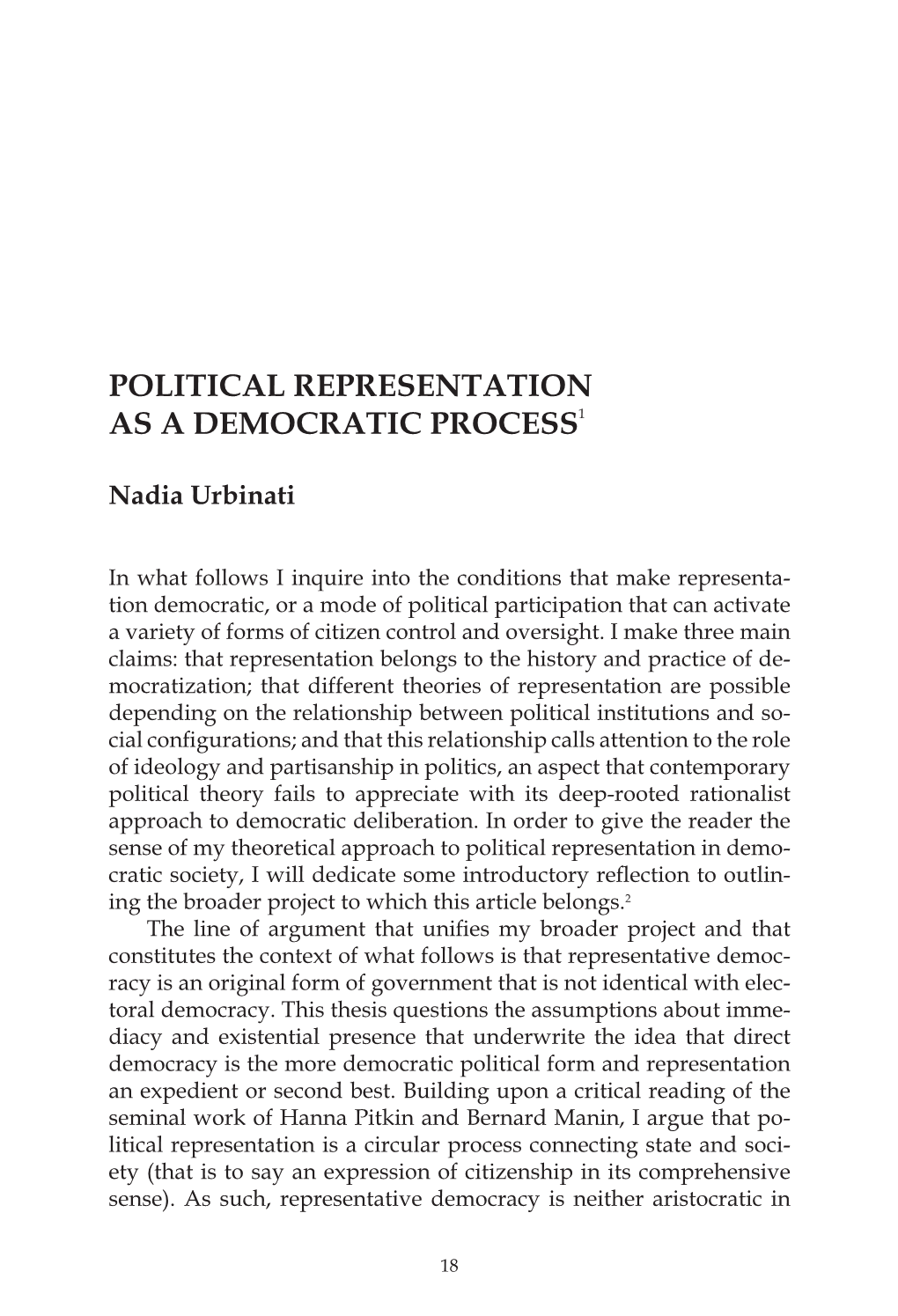 Political Representation As a Democratic Process1