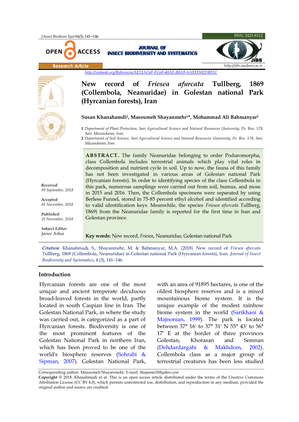 New Record of Friesea Afurcata Tullberg, 1869 (Collembola, Neanuridae) in Golestan National Park (Hyrcanian Forests), Iran