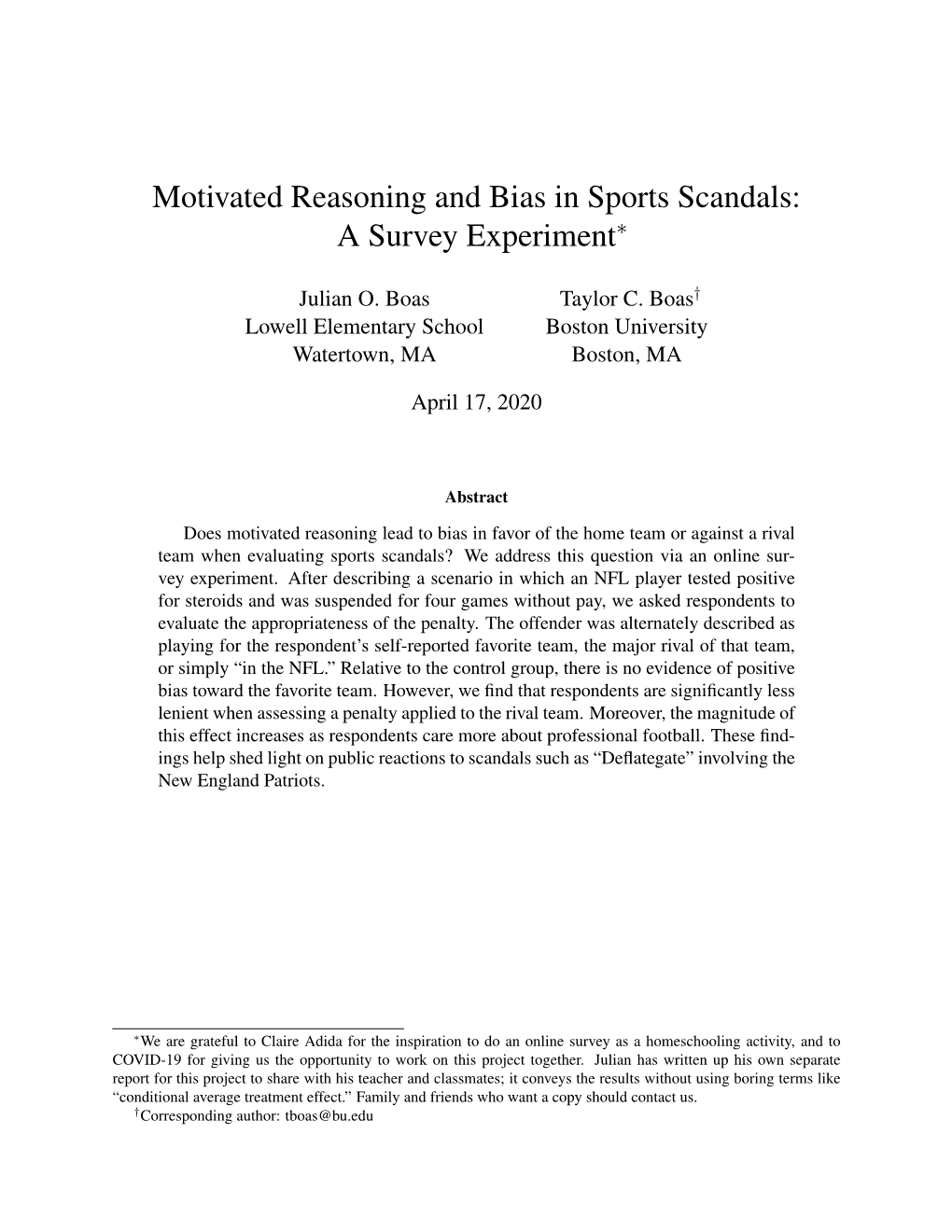 Motivated Reasoning and Bias in Sports Scandals: a Survey Experiment∗