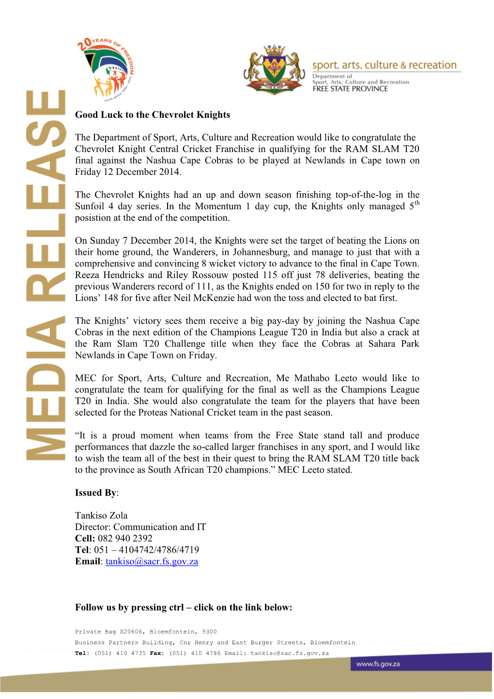 Media Release (MEC Message to the Knights)