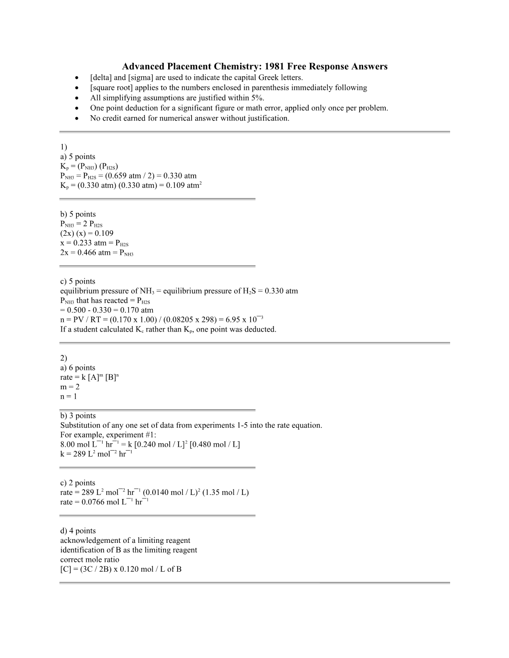 Advanced Placement Chemistry: 1981 Free Response Answers