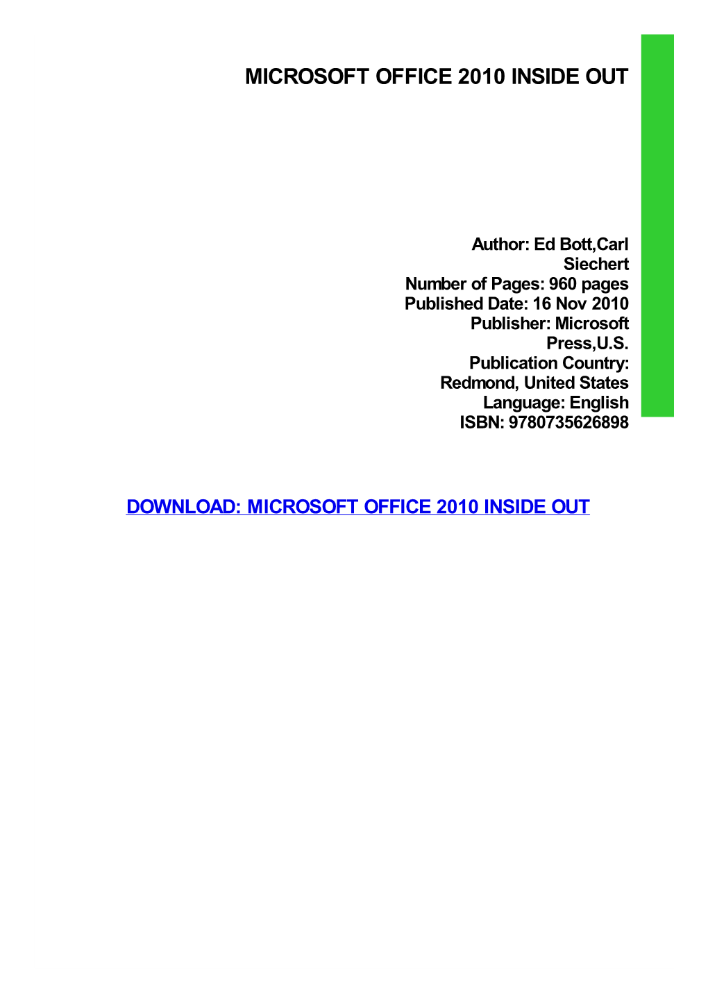 Ebook Download Microsoft Office 2010 Inside out Kindle