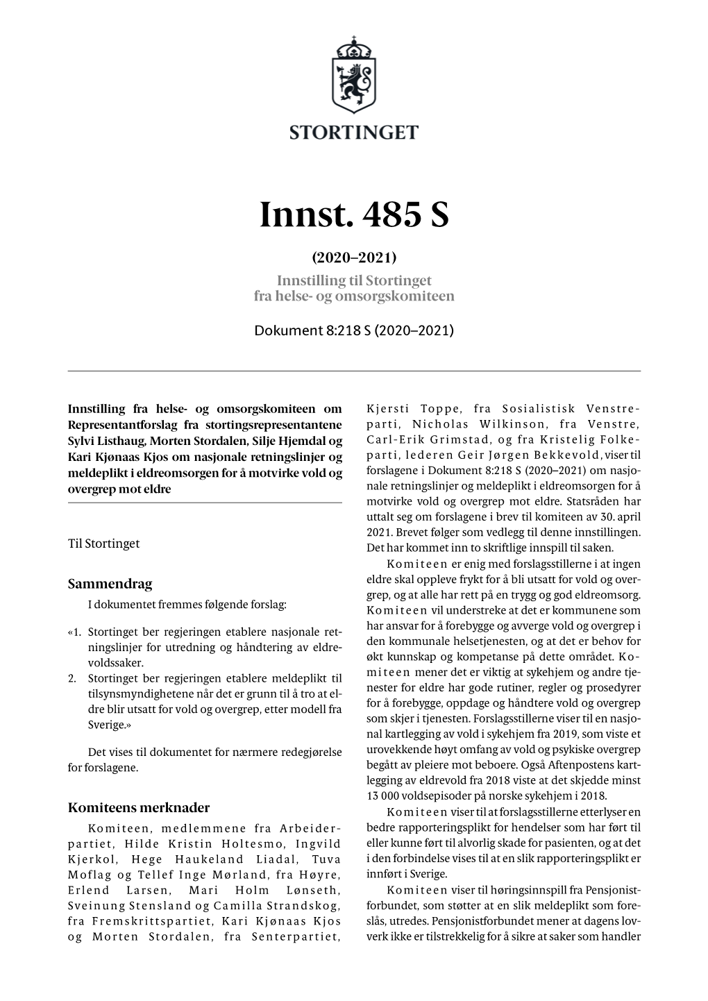 Innst. 485 S (2020–2021) Innstilling Til Stortinget Fra Helse- Og Omsorgskomiteen