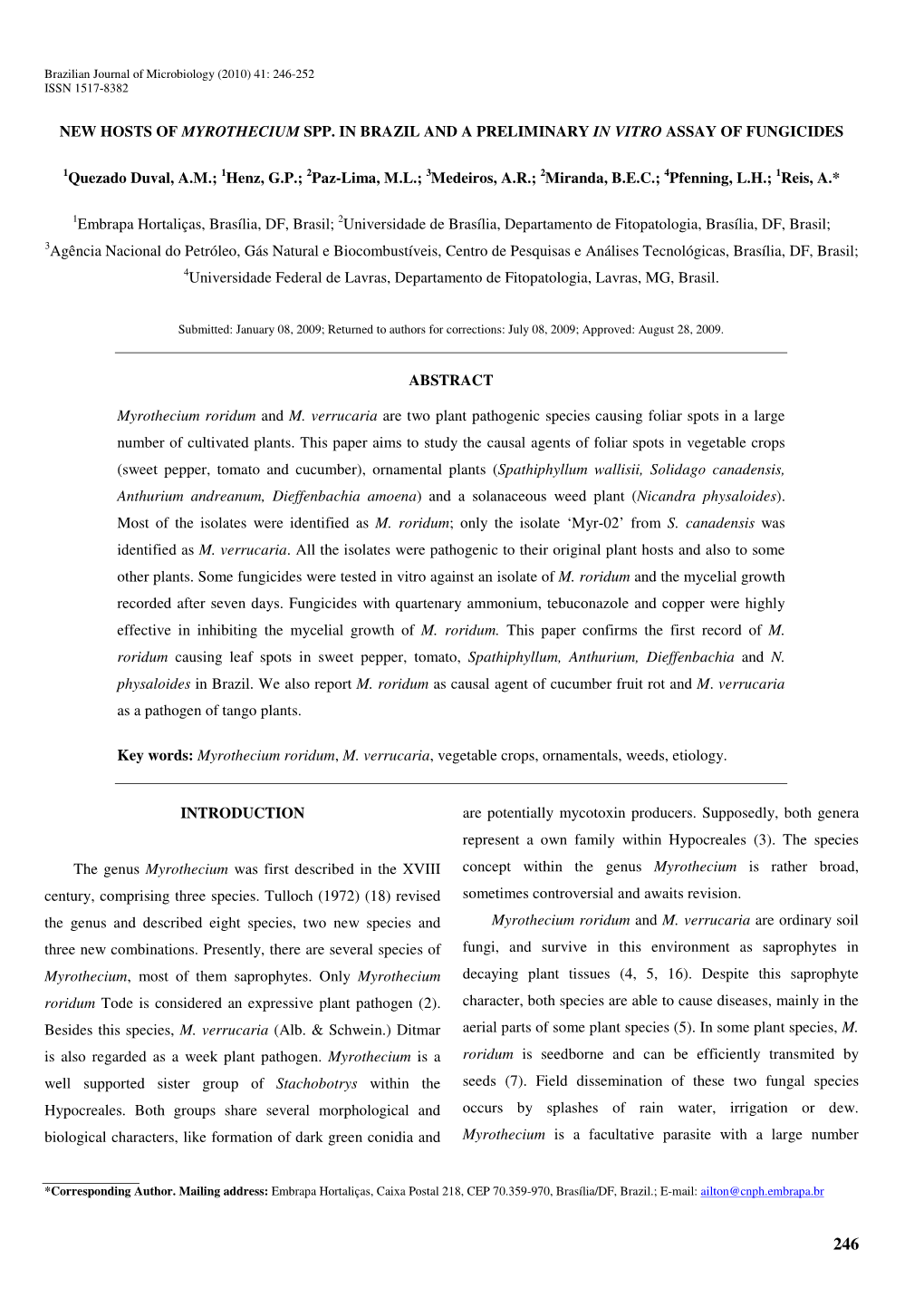 New Hosts of Myrothecium Spp. in Brazil and a Preliminary in Vitro Assay of Fungicides