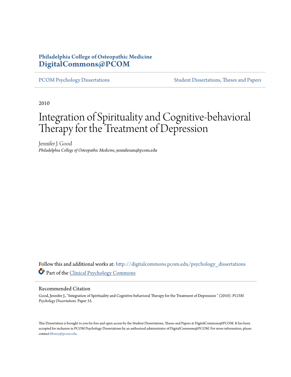 Integration of Spirituality and Cognitive-Behavioral Therapy for the Treatment of Depression Jennifer J