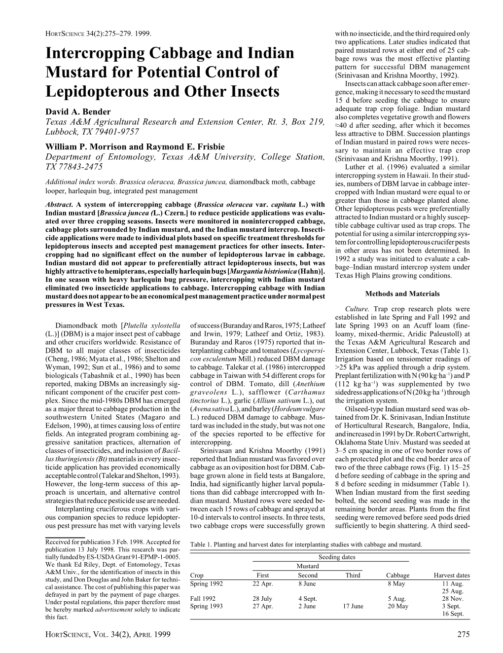 Intercropping Cabbage and Indian Mustard for Potential Control of Lepidopterous and Other Insects