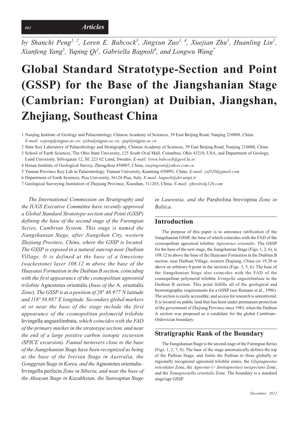 GSSP) for the Base of the Jiangshanian Stage (Cambrian: Furongian) at Duibian, Jiangshan, Zhejiang, Southeast China