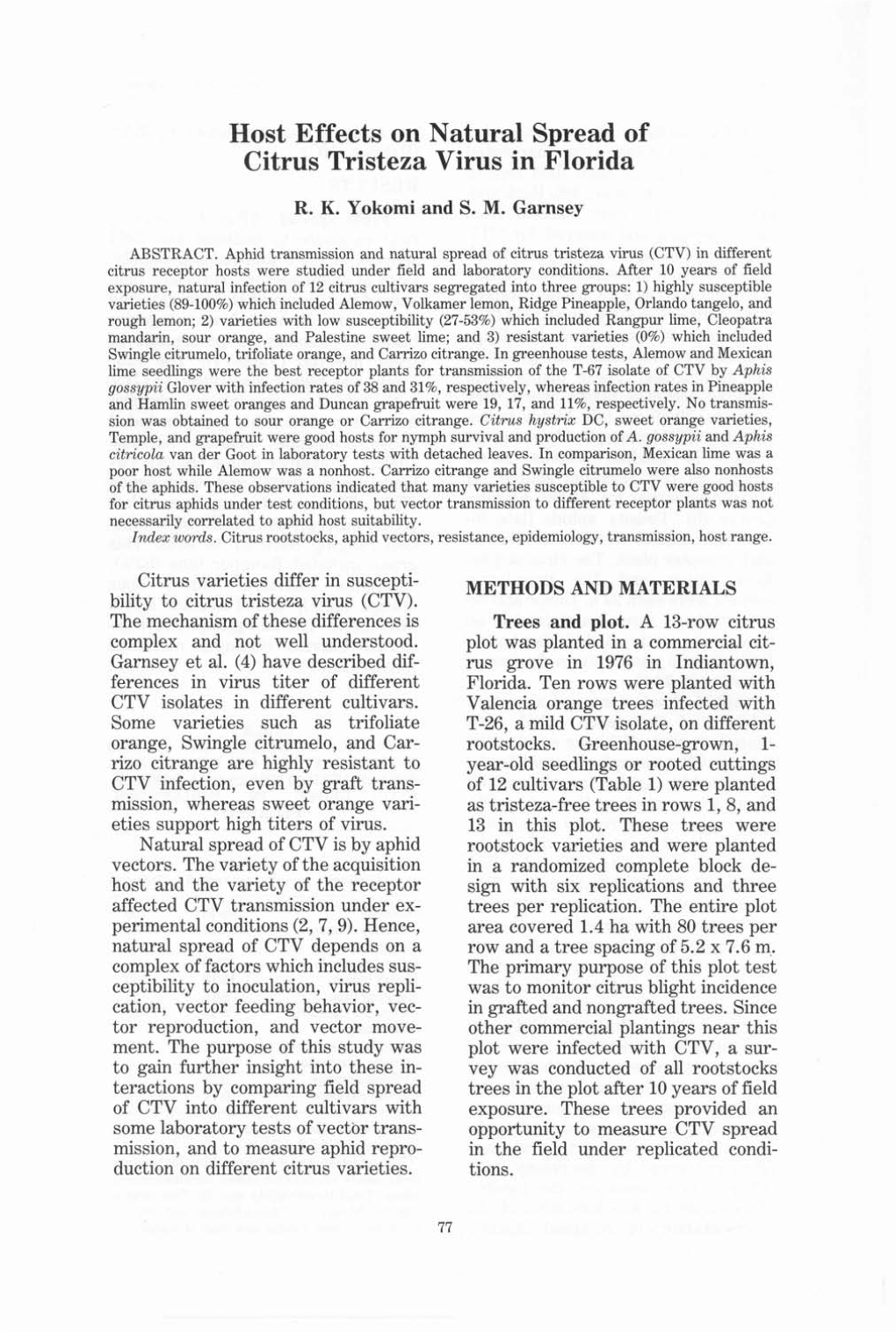 Host Effects on Natural Spread of Citrus Tristeza Virus in Florida